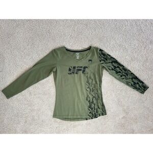 UFC Venum Mens Medium Olive Green V-Neck Long Sleeve Graphic Training Shirt MMA